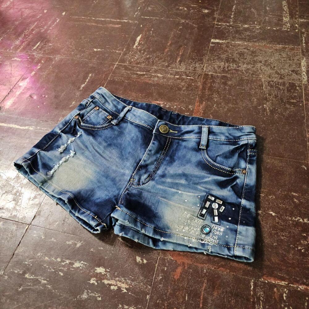 Rhinestone Jorts y2k 2000s Distressed Patch Bling Dark Wash Blue (29W) ✨